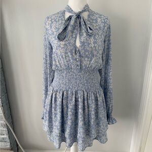 Forever 21 Light Blue Floral Tie-Neck Ruffle Dress